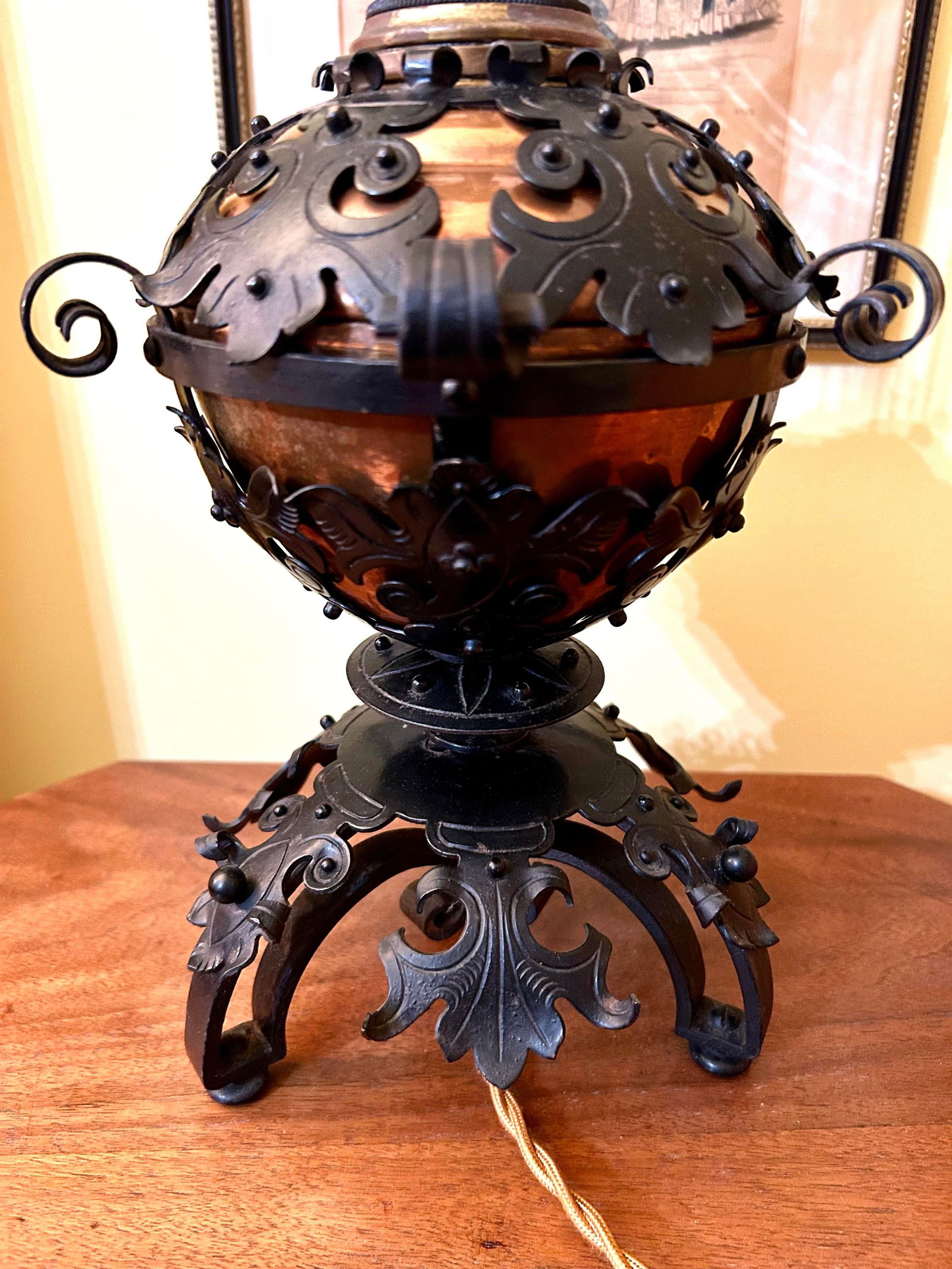 1850's Spanish Influenced Design Copper Oil Lamp Encased With Scrolled, Black Cast Iron - 6
