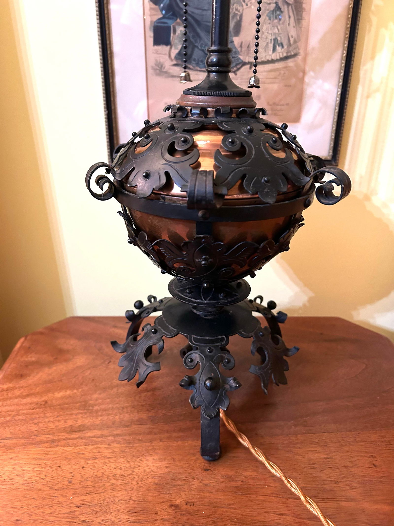 1850's Spanish Influenced Design Copper Oil Lamp Encased With Scrolled, Black Cast Iron - 7