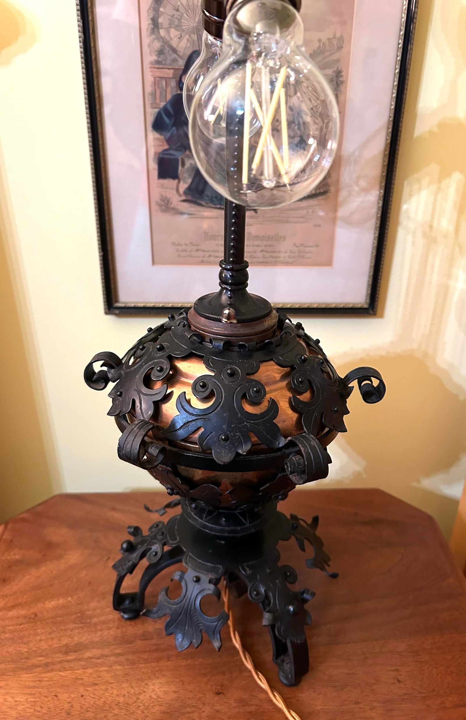 1850's Spanish Influenced Design Copper Oil Lamp Encased With Scrolled, Black Cast Iron - 9