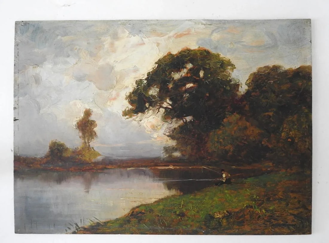 Late 19th Century Barbizon School Landscape With Fisherman Painting - 6
