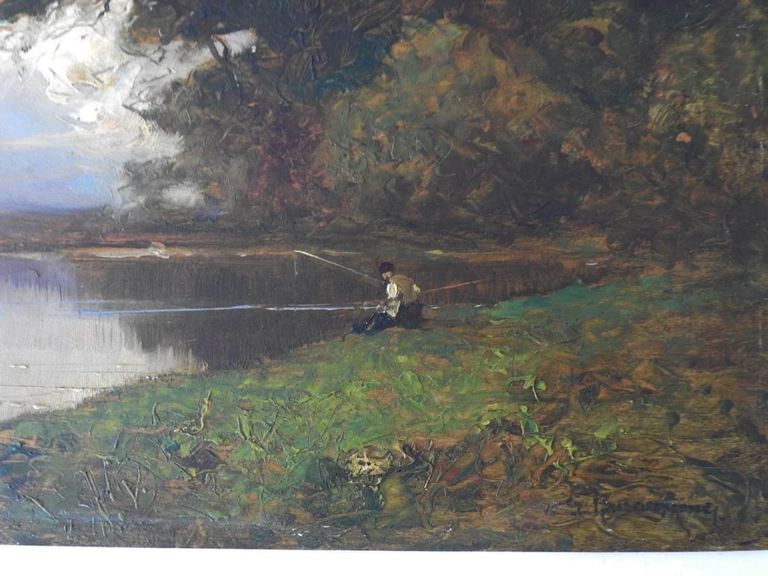 Late 19th Century Barbizon School Landscape With Fisherman Painting - 7