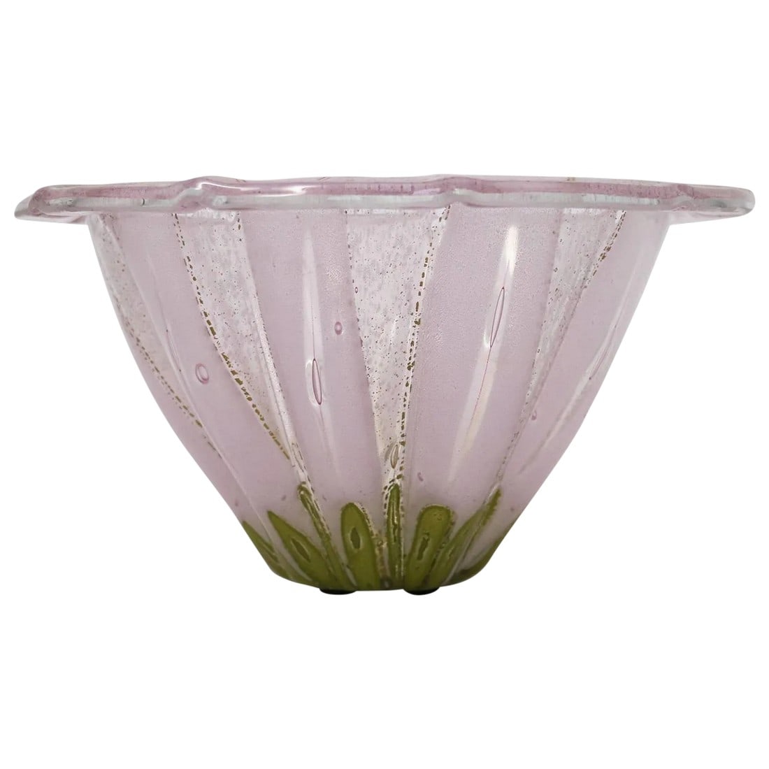 1950s Vintage Higgins Glass Bowl: Michael and Francis Higgins Bowl, Fused glass Pink, green and gold leaf bow with floral design on bottom surface. Condition: Alterations: Original Condition Unaltered Imperfections: Some