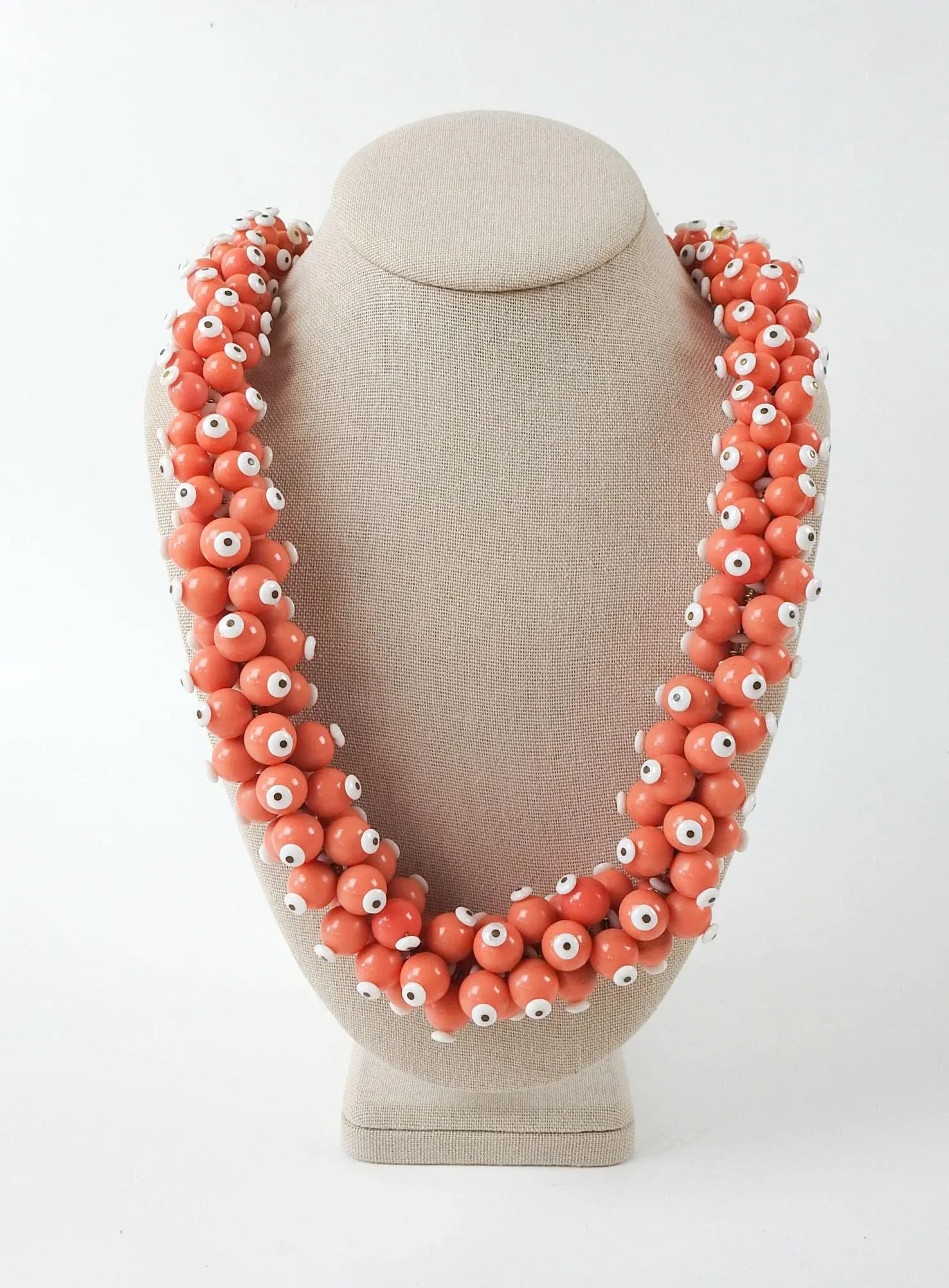 Vintage Handmade Salmon & White Beaded Statement Necklace - 2