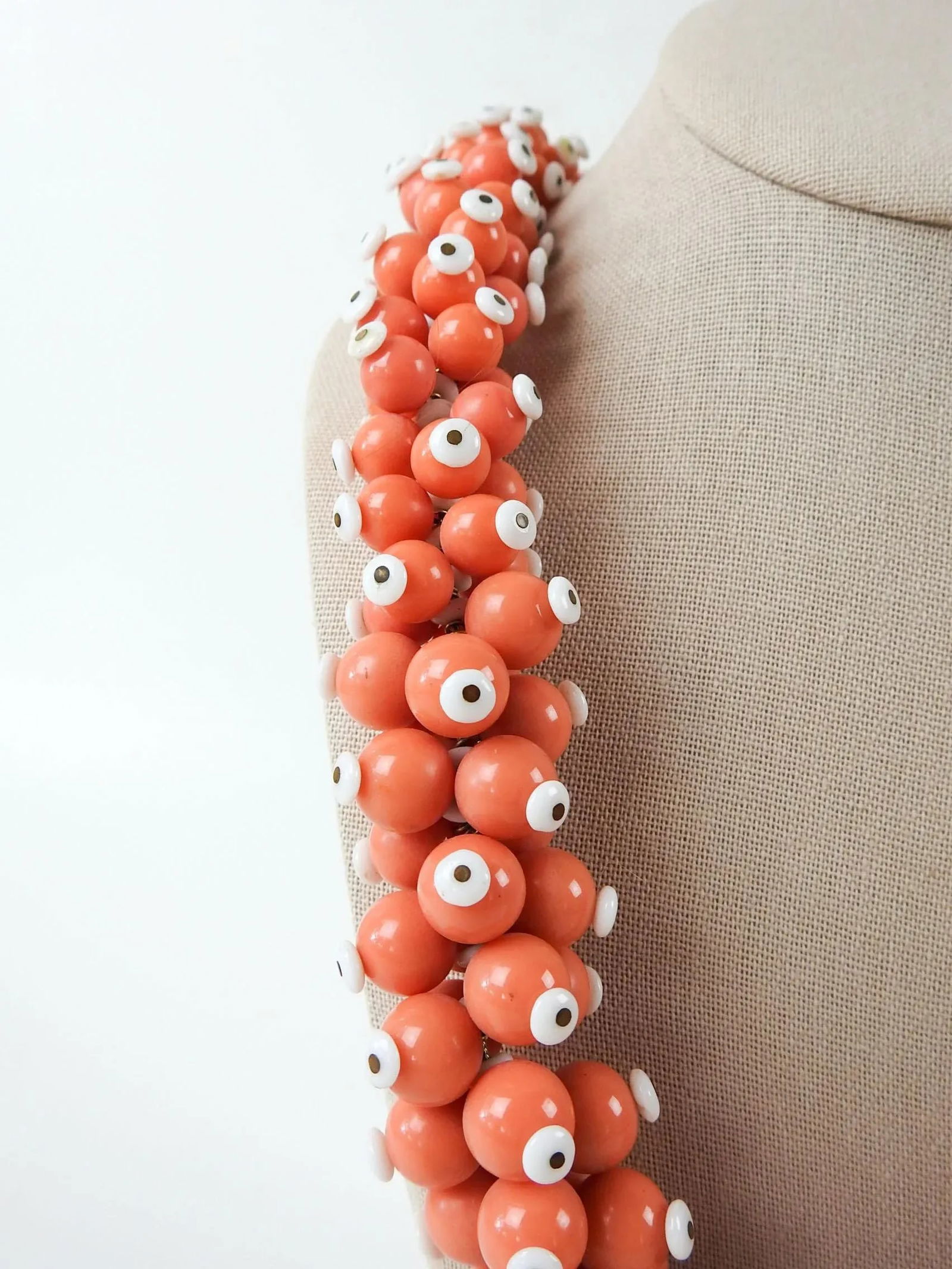 Vintage Handmade Salmon & White Beaded Statement Necklace - 3