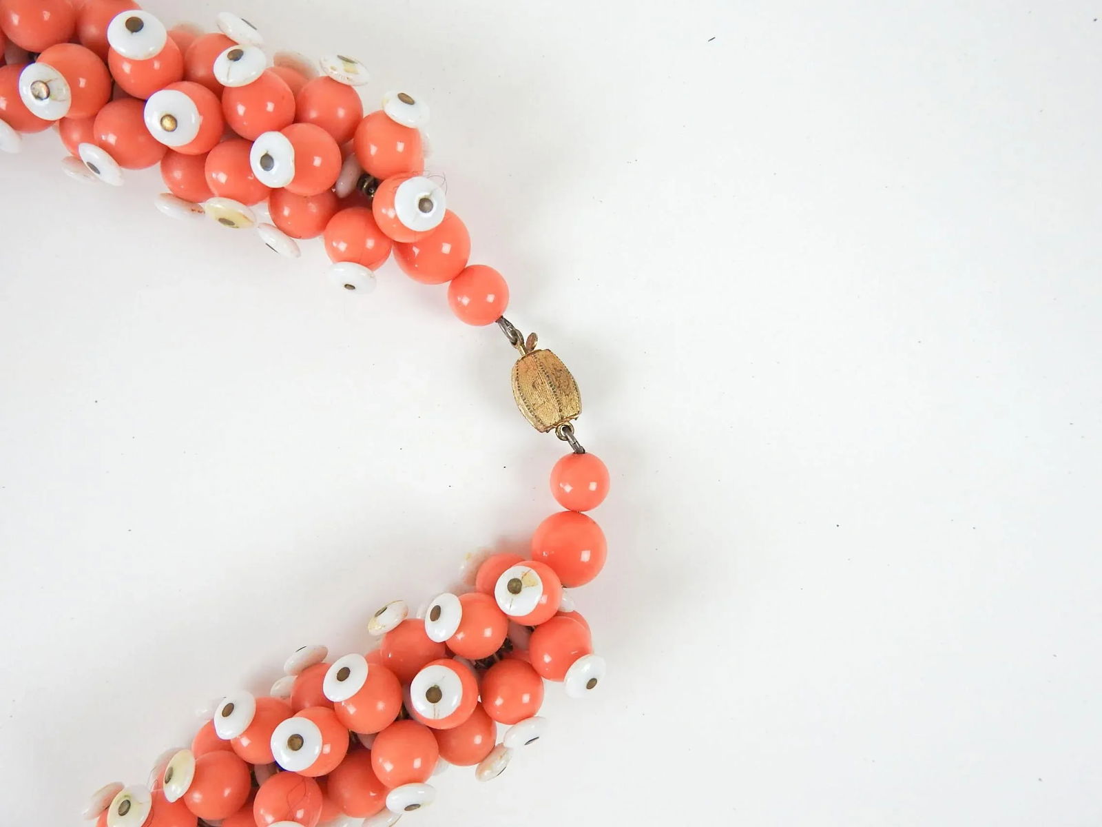 Vintage Handmade Salmon & White Beaded Statement Necklace - 4