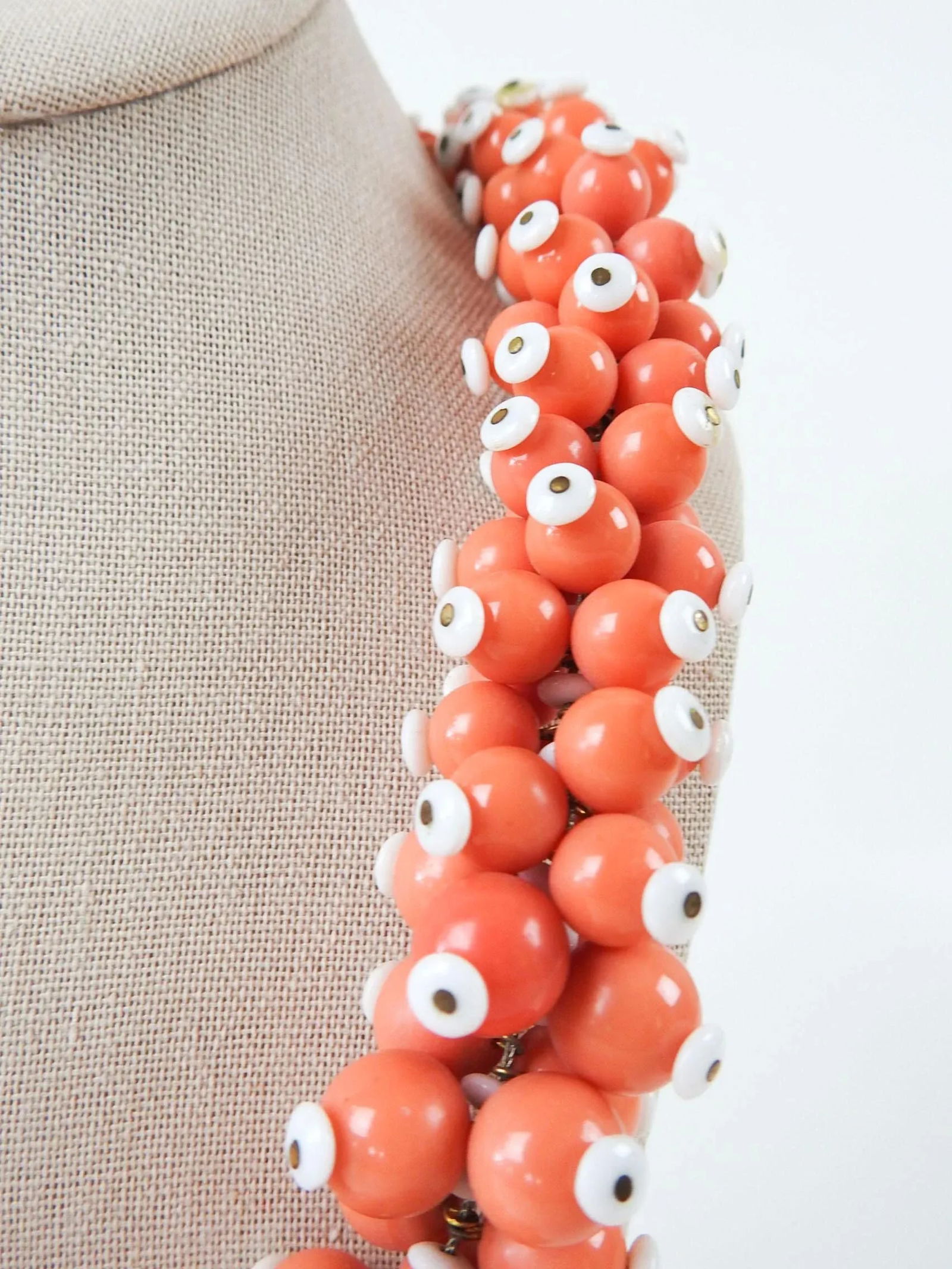 Vintage Handmade Salmon & White Beaded Statement Necklace - 6