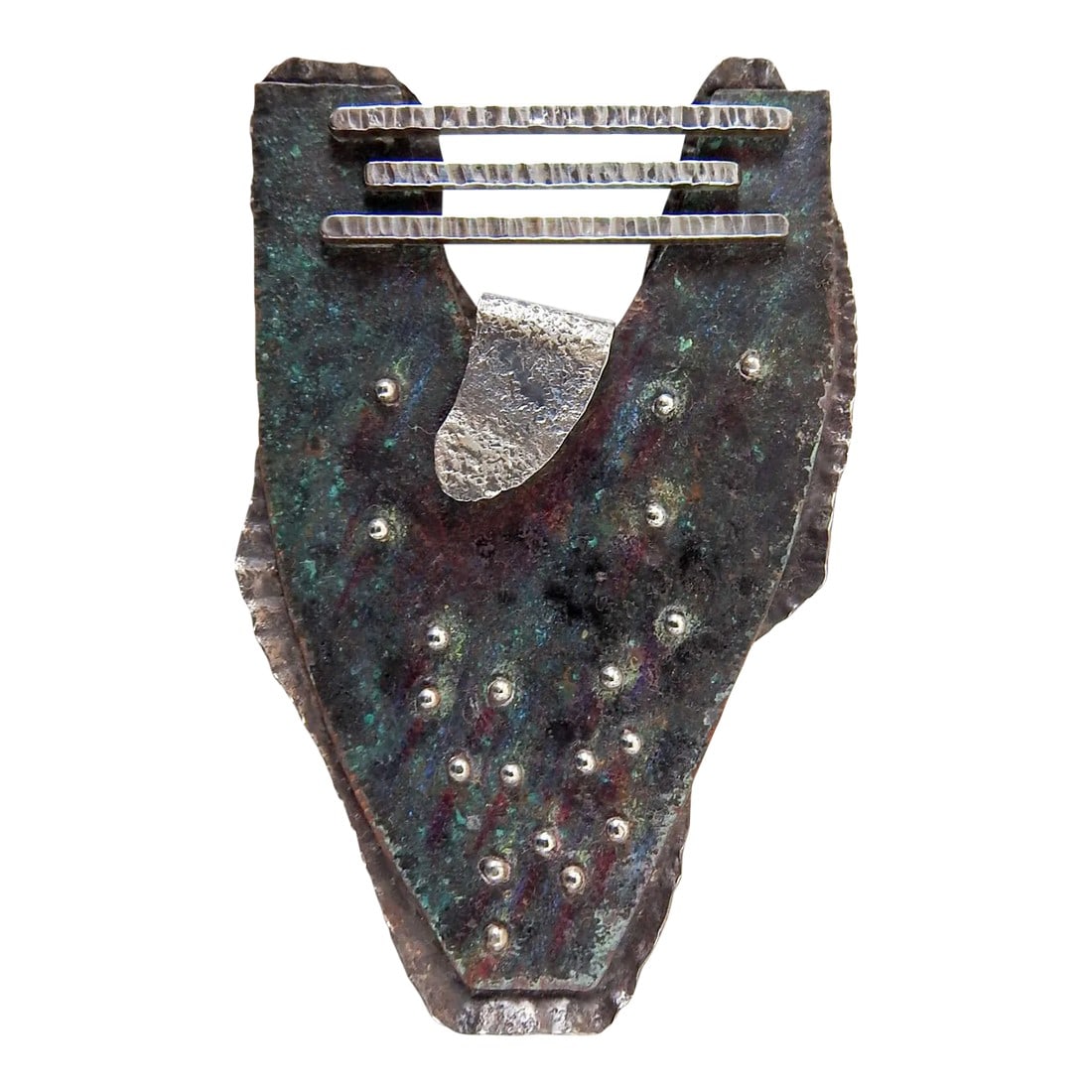 Vintage 1990's Large Sculptural Sterling and Copper Studio Brooch: Large one of a kind sculptural circa 1990's artist made sterling silver and patinated copper brooch. Signed Linda Thompson (20th/21st century). All riveted and hand wrought construction. Dark