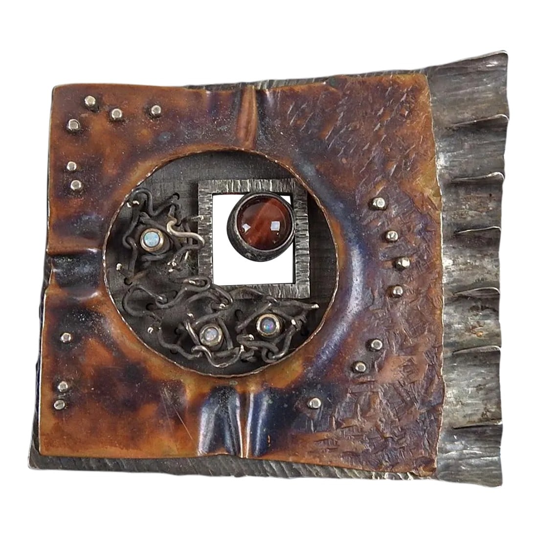 1991 Large Sculptural Sterling and Copper Opal Studio Brooch: Large one of a kind sculptural 1991 artist made bold dimensional formed sterling silver and patinated copper brooch. Signed, dated and titled "Windows (Inside #2)" by Linda Thompson (20th/21st