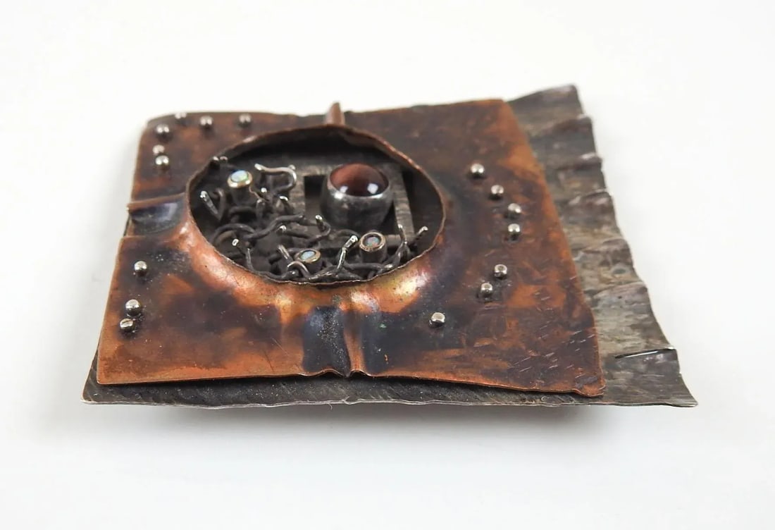 1991 Large Sculptural Sterling and Copper Opal Studio Brooch - 6