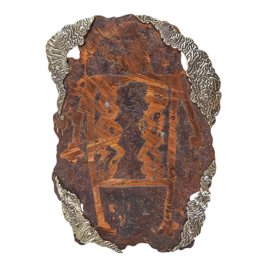 Vintage 1991 Large Sculptural Sterling Copper Artist Studio Brooch: Large one of a kind 1991 sculptural artist made reticulated sterling silver and etched patinated copper brooch. Signed Linda Thompson (20th/21st century) signed, dated and titled "Shadow Place" on