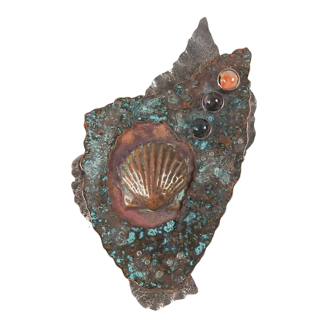 Vintage 1990's Large Sterling Silver Copper Shell Artist Studio Sculptural Brooch: Large one of a kind circa 1990's sculptural artist made sterling silver and patinated copper brooch. Signed Linda Thompson (20th/21st century). Artistic dimensional copper relief shell with custom