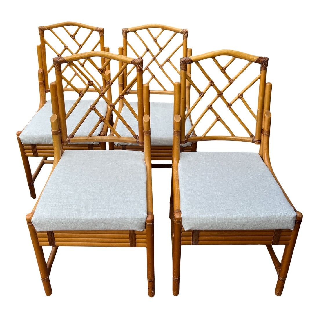 Vintage Set of 4 Chinese Chippendale Bamboo Dining Chairs With Lattice Backs: Exceptional set of four vintage Chinese Chippendale–style faux-bamboo dining chairs, distinguished by their geometric latticework backs, sculptural proportions, and refined craftsmanship. The