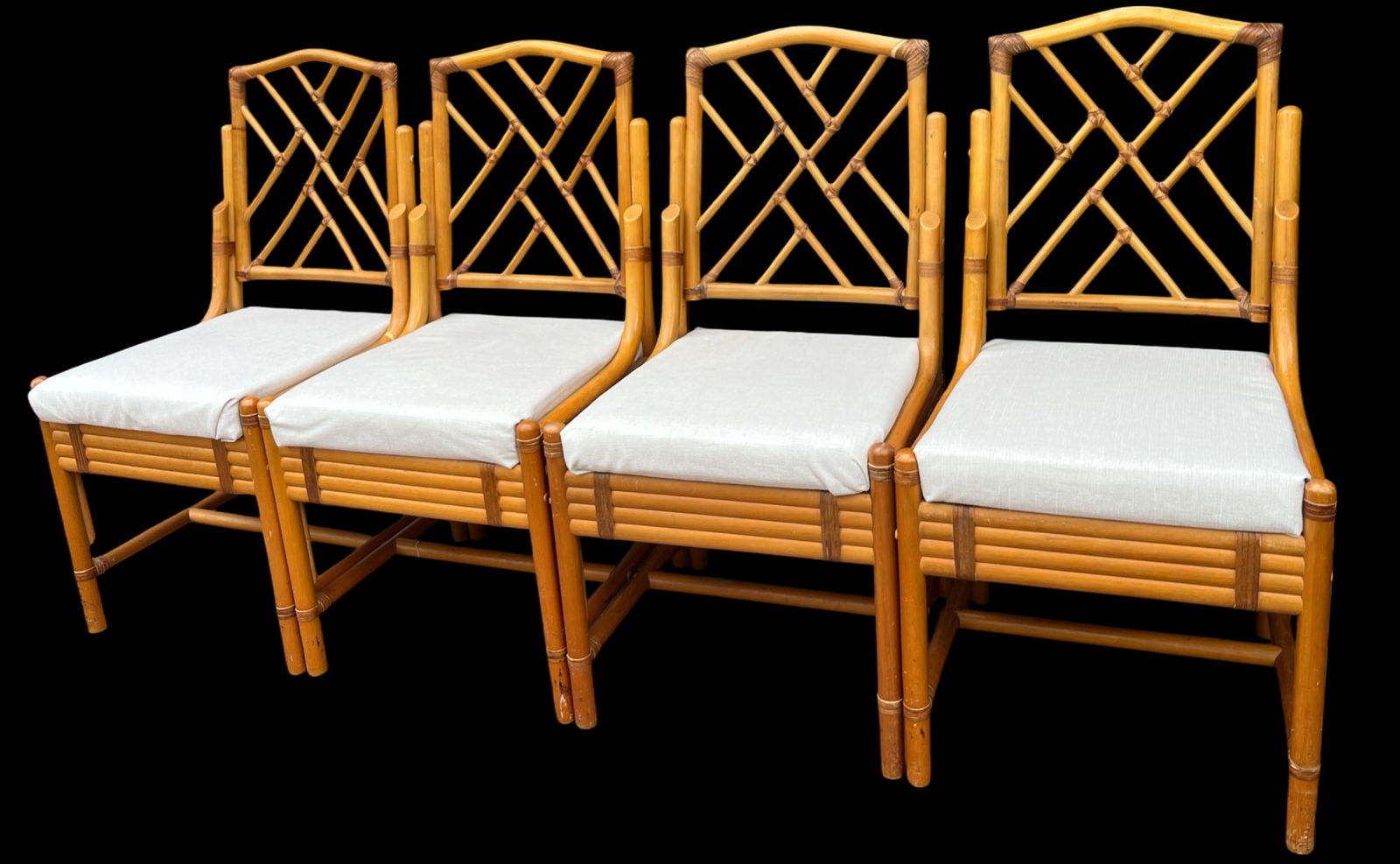 Vintage Set of 4 Chinese Chippendale Bamboo Dining Chairs With Lattice Backs - 2