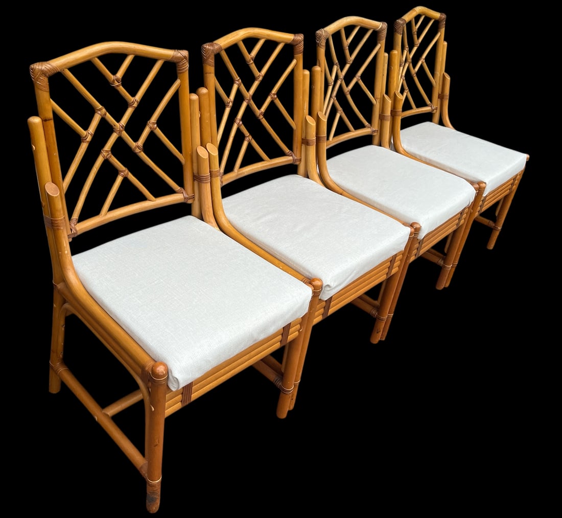 Vintage Set of 4 Chinese Chippendale Bamboo Dining Chairs With Lattice Backs - 3