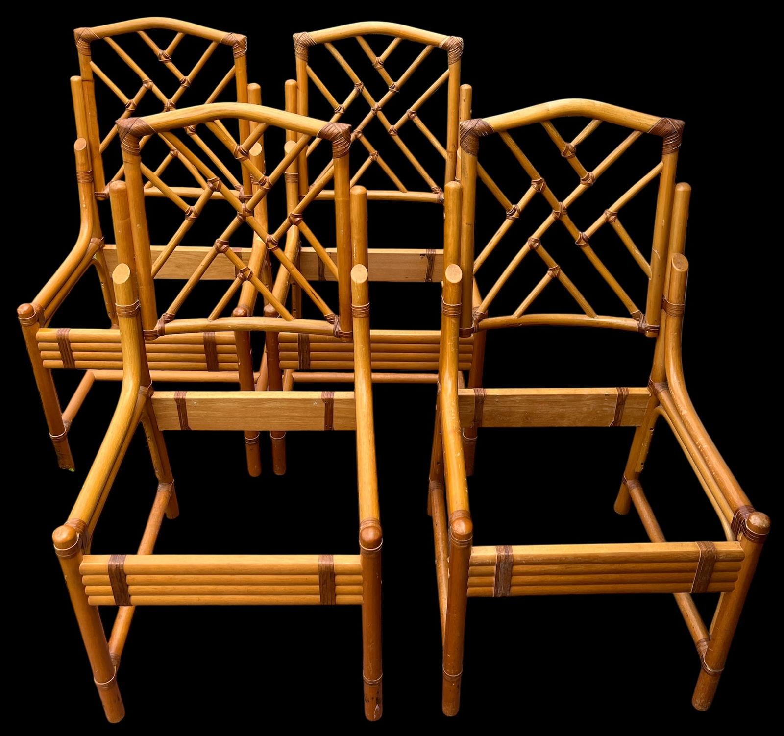 Vintage Set of 4 Chinese Chippendale Bamboo Dining Chairs With Lattice Backs - 4