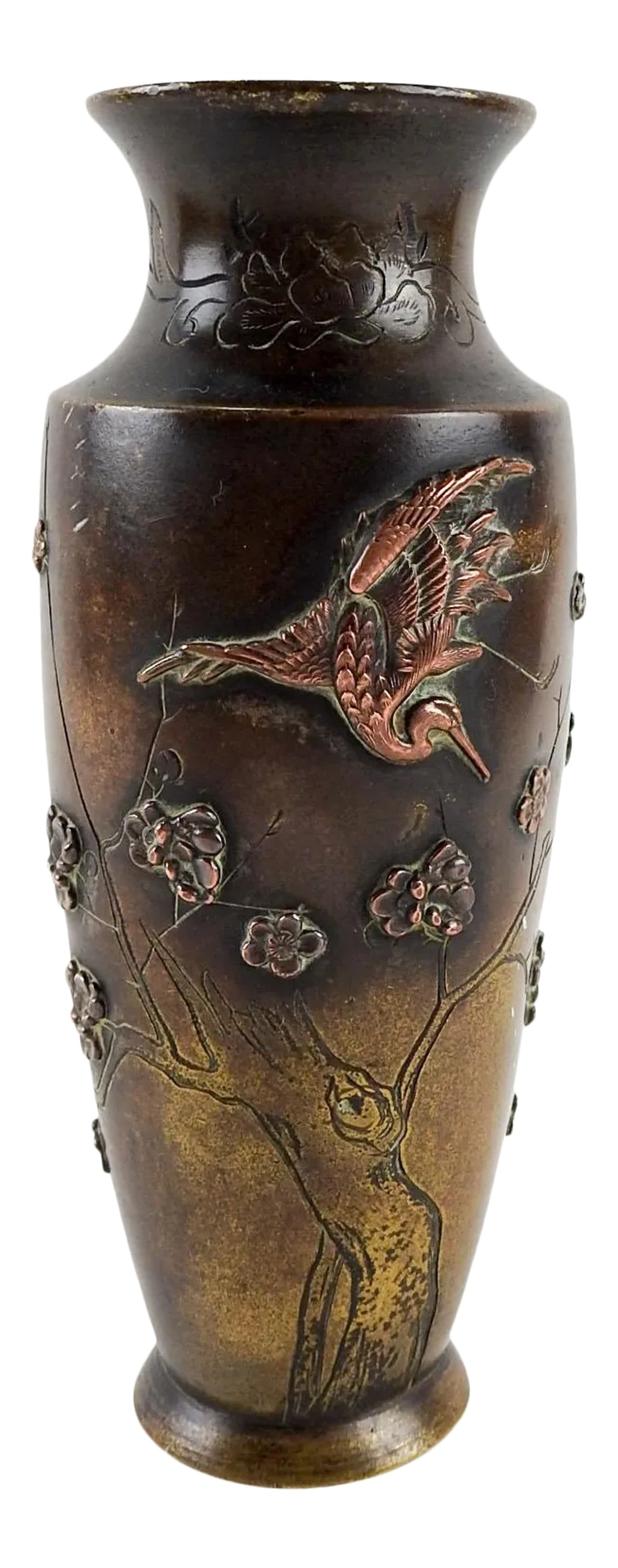 Japanese Bronxe & Copper Mixed Metal Vase: Circa 1900 Meiji period bronze and copper mixed metal small Japanese vase. Bronze body, applied high relief copper stork and cherry blossoms, engraved tree. No markings, spots of wear to patina. 
