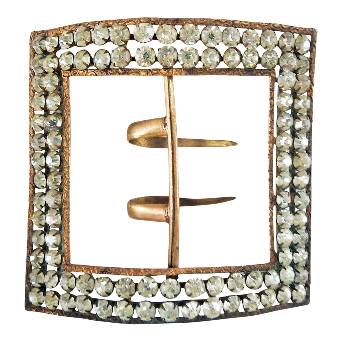 Large Antique Rhinestone Belle Epoque Belt Sash Buckle: Antique circa 1890's gilt brass with rhinestones belt or sash buckle. Two rows of prong set stones in a brass framework, narrow brass embossed edges, no markings. 3.25" sq., rows of rhinestones are
