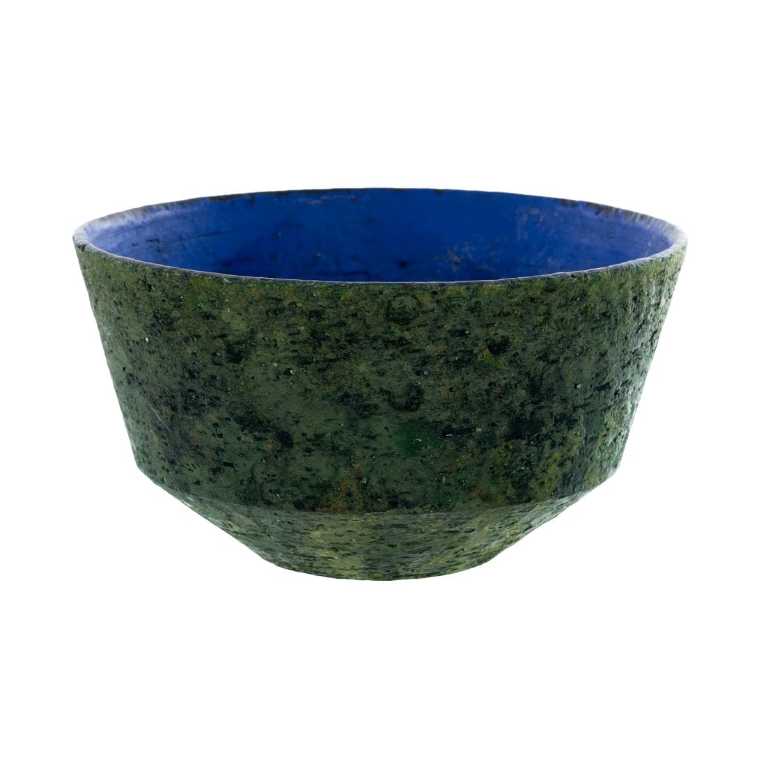Fantoni Bowl: Fantoni ceramic bowl, volcanic blue glaze on exterior with green glaze on interior. Signed [Fantoni Italy Raymore Italy]. Condition: Alterations: Unknown Imperfections: Some Imperfections Condition No