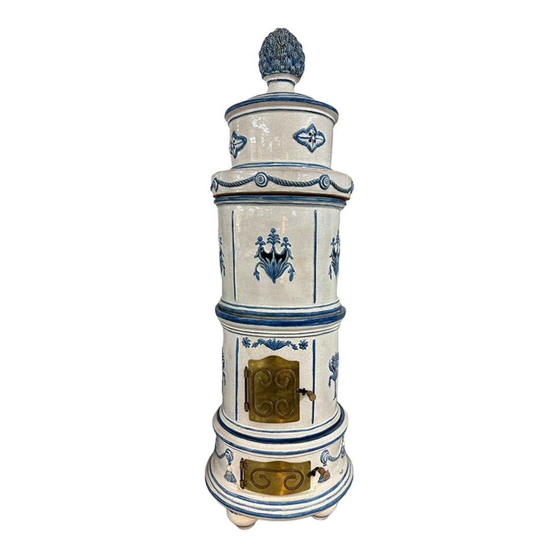 Italian Majolica Glazed Terra Cotta Stove: Large Italian handcrafted ceramic stove with blue and white tin glaze. Wonderful for indoor and outdoor. Manufactured by Ceramiche Ceccarelli . Condition: Imperfections: No Imperfections Condition