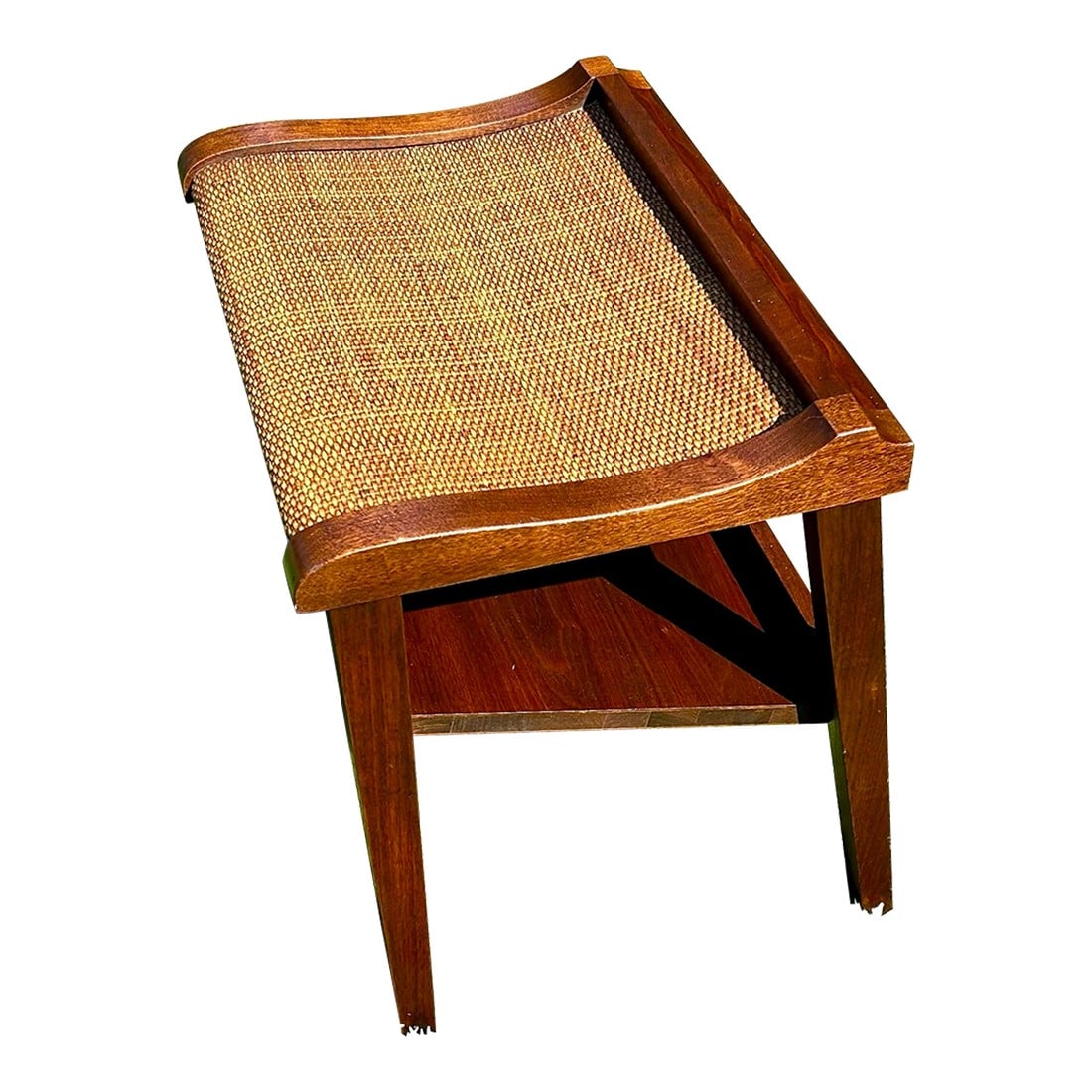 1960s, Woven/Texturized Top End Table With Slanted Shelf for Storage of Magazines/Books/Papers, MCM: This is a heavy-duty, well-constructed end table"”it could even be used as extra seating, if needed! Anyone who enjoys reading will appreciate the lower level, slanted shelf that will hold your