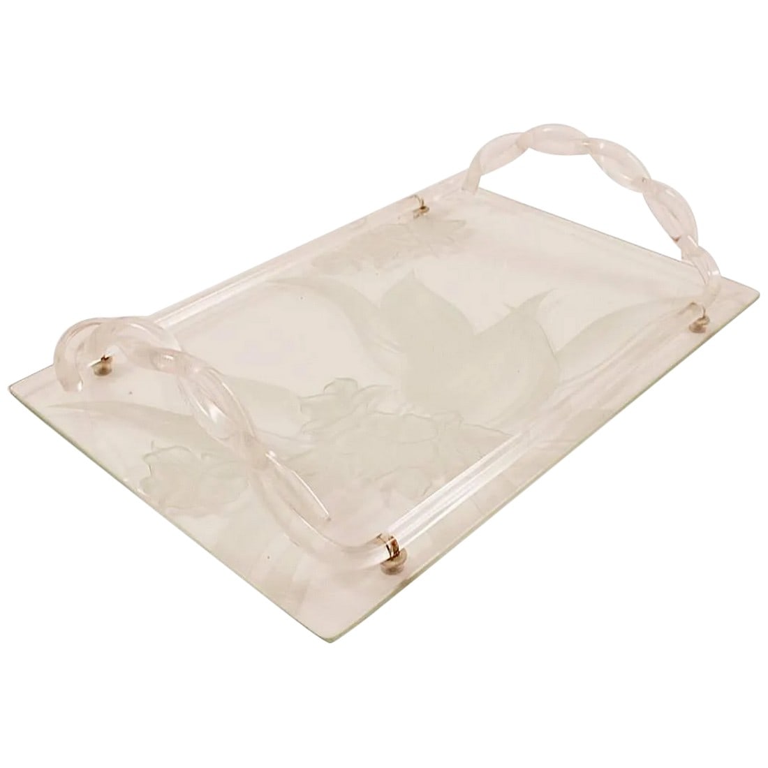 1940s Dorothy Thorpe Etched Glass and Lucite Tray: Art Deco serving tray by Dorothy Thorpe. The tray has signature etched floral motif, with rope twist Lucite handles. Excellent original condition, marked with the Thorpe cartouche. Condition: