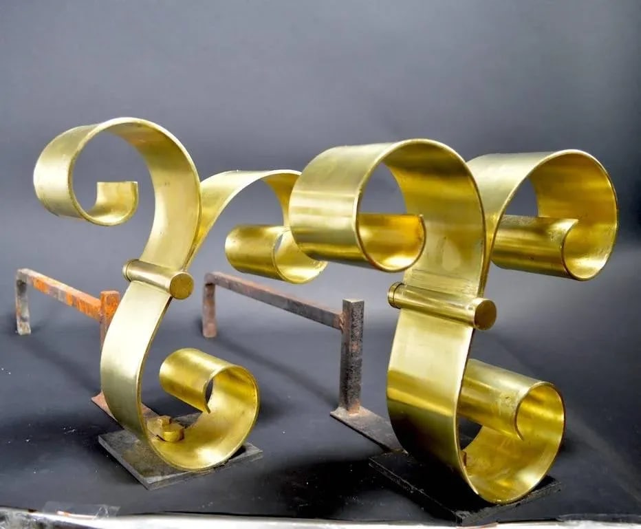 Brass Scroll Andirons After Raymond Subes - 2