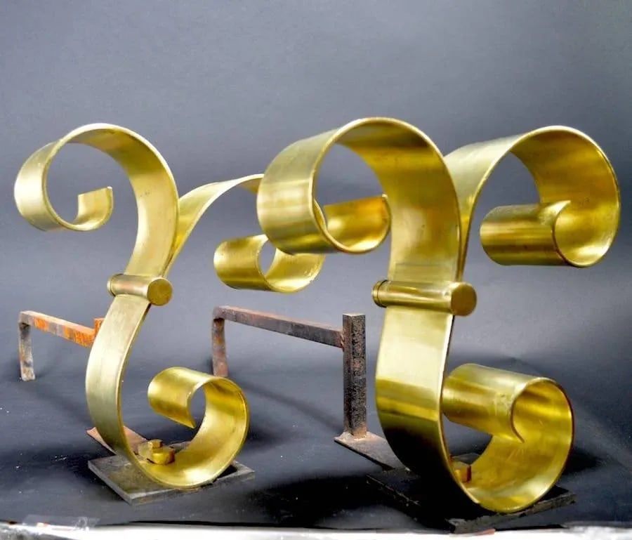 Brass Scroll Andirons After Raymond Subes - 4