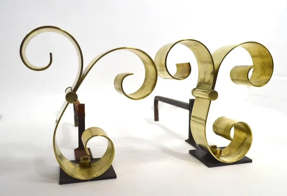 Brass Scroll Andirons After Raymond Subes - 7