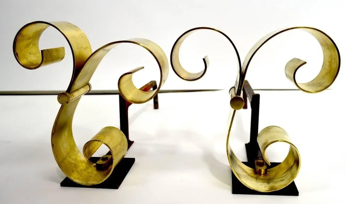 Brass Scroll Andirons After Raymond Subes - 8