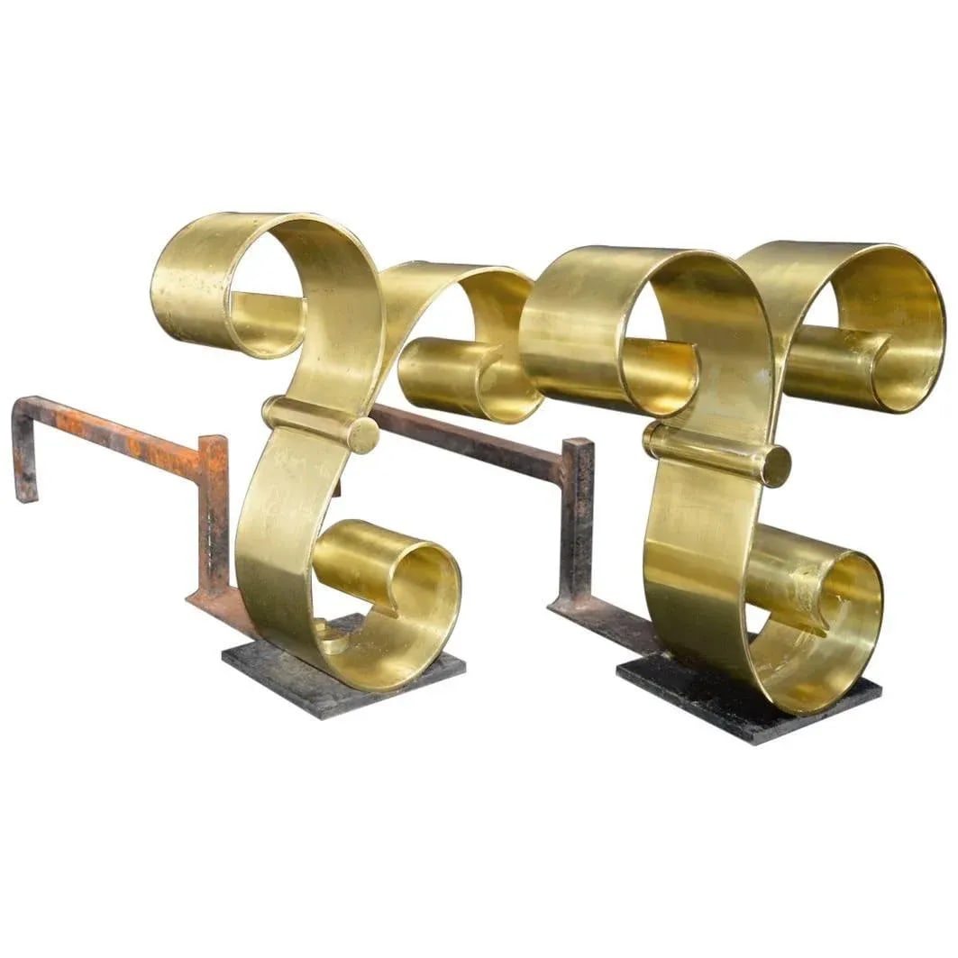 Brass Scroll Andirons After Raymond Subes - 9