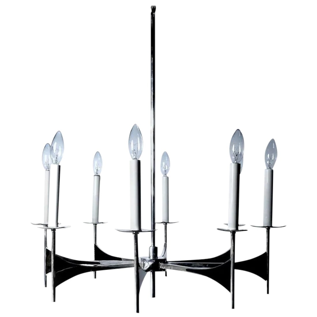 Eight-Light Spoke Chandelier by Sciolari: Sophisticated spoke form chandelier by Sciolari. Eight arms each having a candle light bulb. Silver plated brass with decorative gun metal trim. The metal finish shows some cosmetic wear, normal and