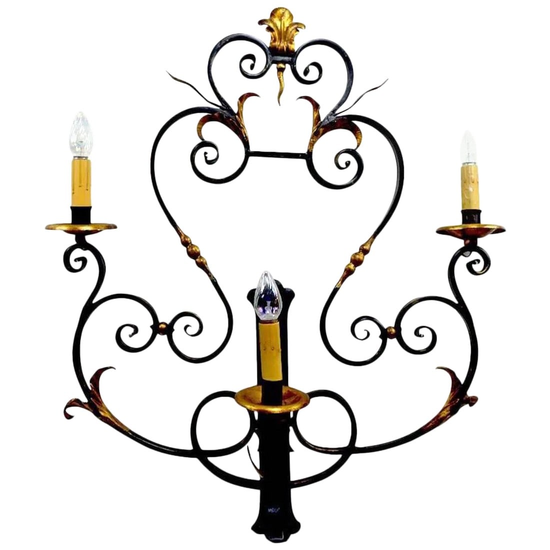 Large Paladio Wrought Iron and Gilt Italian or Spanish Style Sconce: Large and decorative three-light sconce by Palladio, Italian in the Spanish style with faux gilt highlights. Condition: Alterations: Original Condition Unaltered Imperfections: Some Imperfections