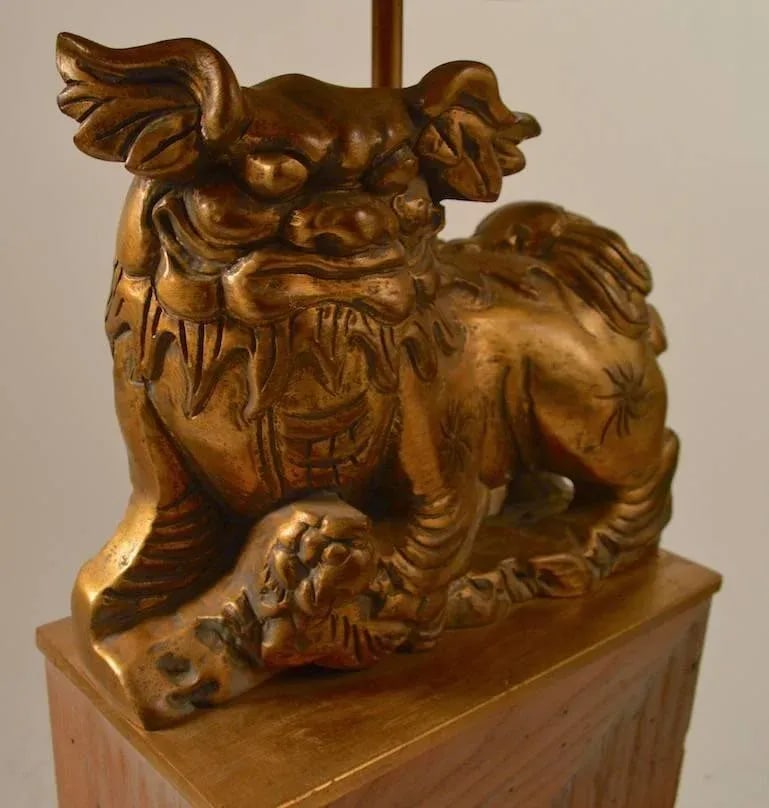 James Mont Gilt Foo Dog Lamps on Cerused Oak Bases - a Pair - 10