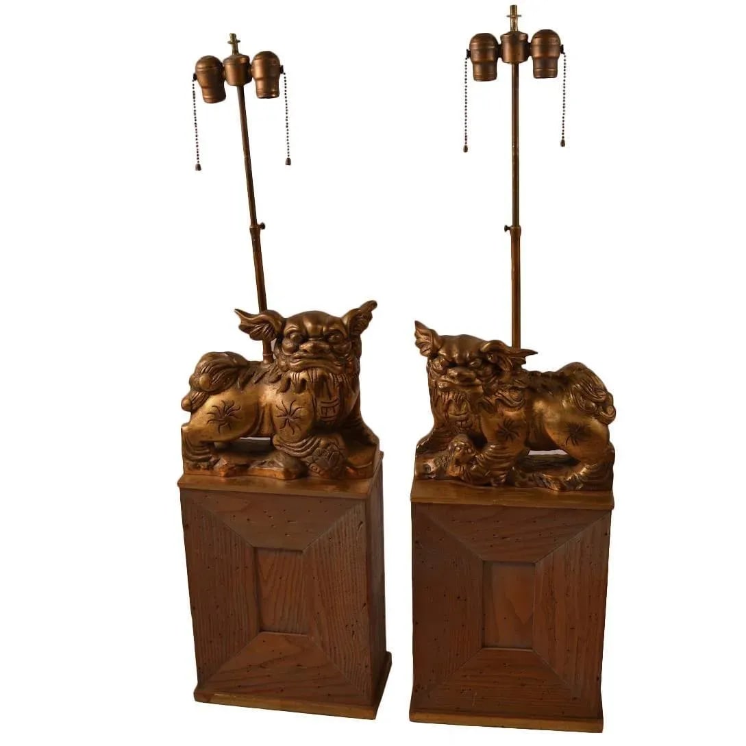James Mont Gilt Foo Dog Lamps on Cerused Oak Bases - a Pair - 11