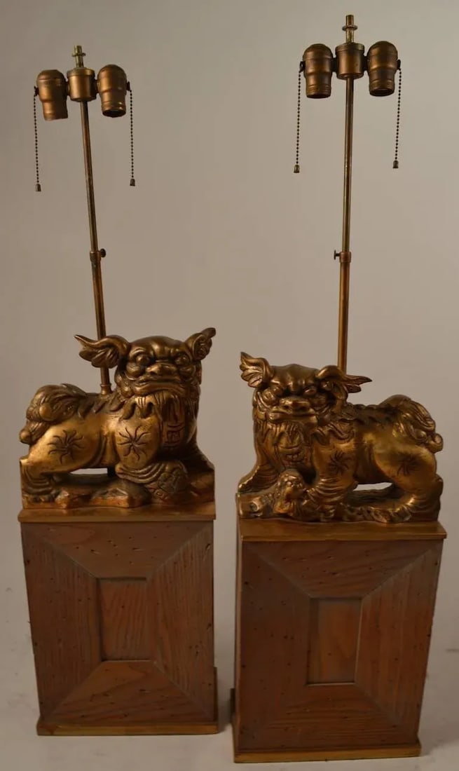James Mont Gilt Foo Dog Lamps on Cerused Oak Bases - a Pair - 3