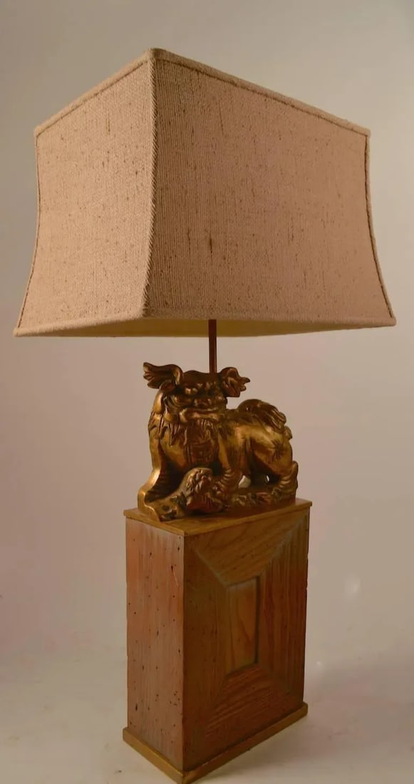 James Mont Gilt Foo Dog Lamps on Cerused Oak Bases - a Pair - 7