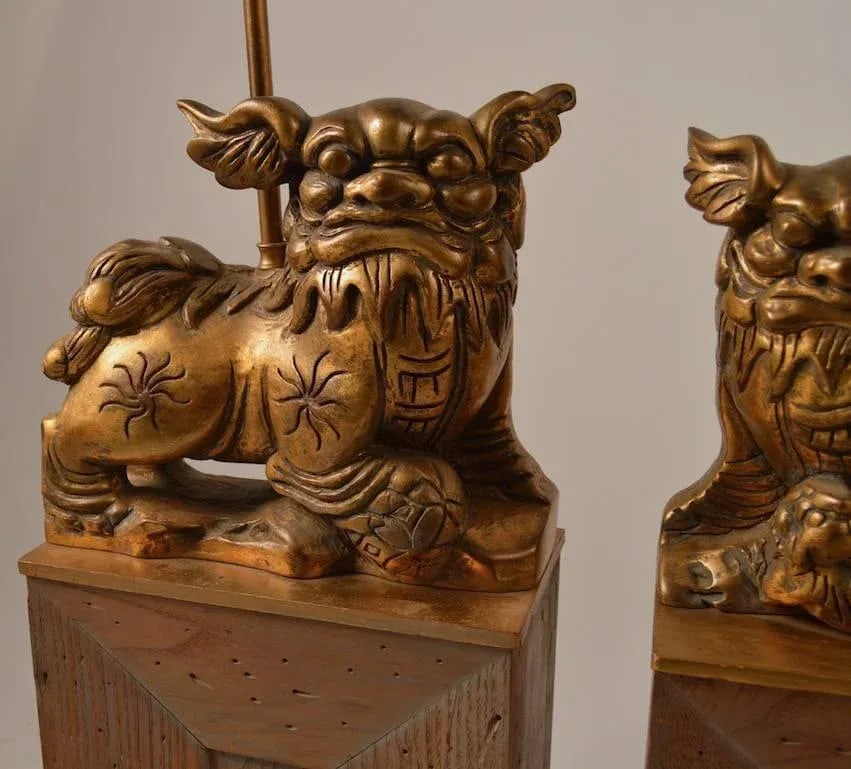 James Mont Gilt Foo Dog Lamps on Cerused Oak Bases - a Pair - 8