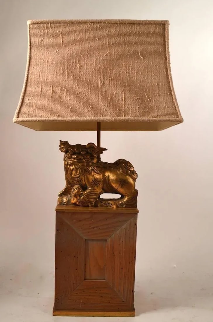 James Mont Gilt Foo Dog Lamps on Cerused Oak Bases - a Pair - 9