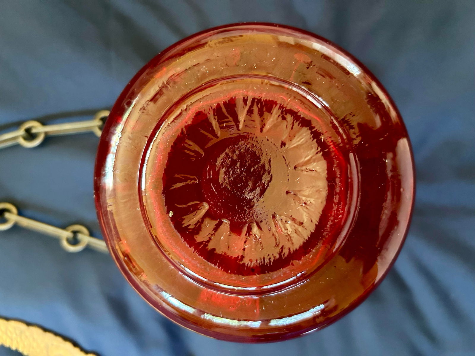 Pair of Antique Mouth-Blown Cranberry Colored Forced Hyacinth Bulb Vases, Brass Hangers for the Vase - 12