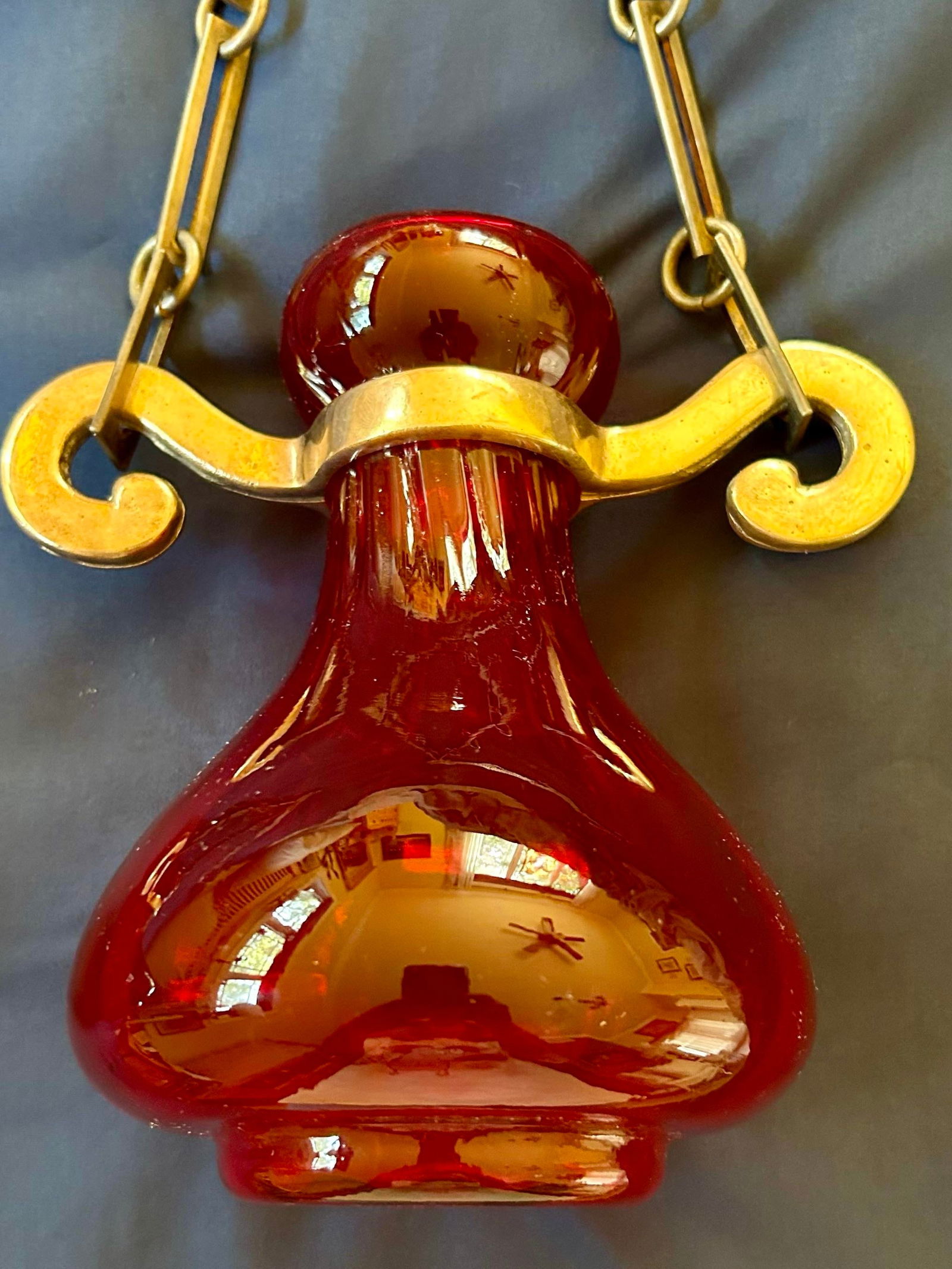 Pair of Antique Mouth-Blown Cranberry Colored Forced Hyacinth Bulb Vases, Brass Hangers for the Vase - 2