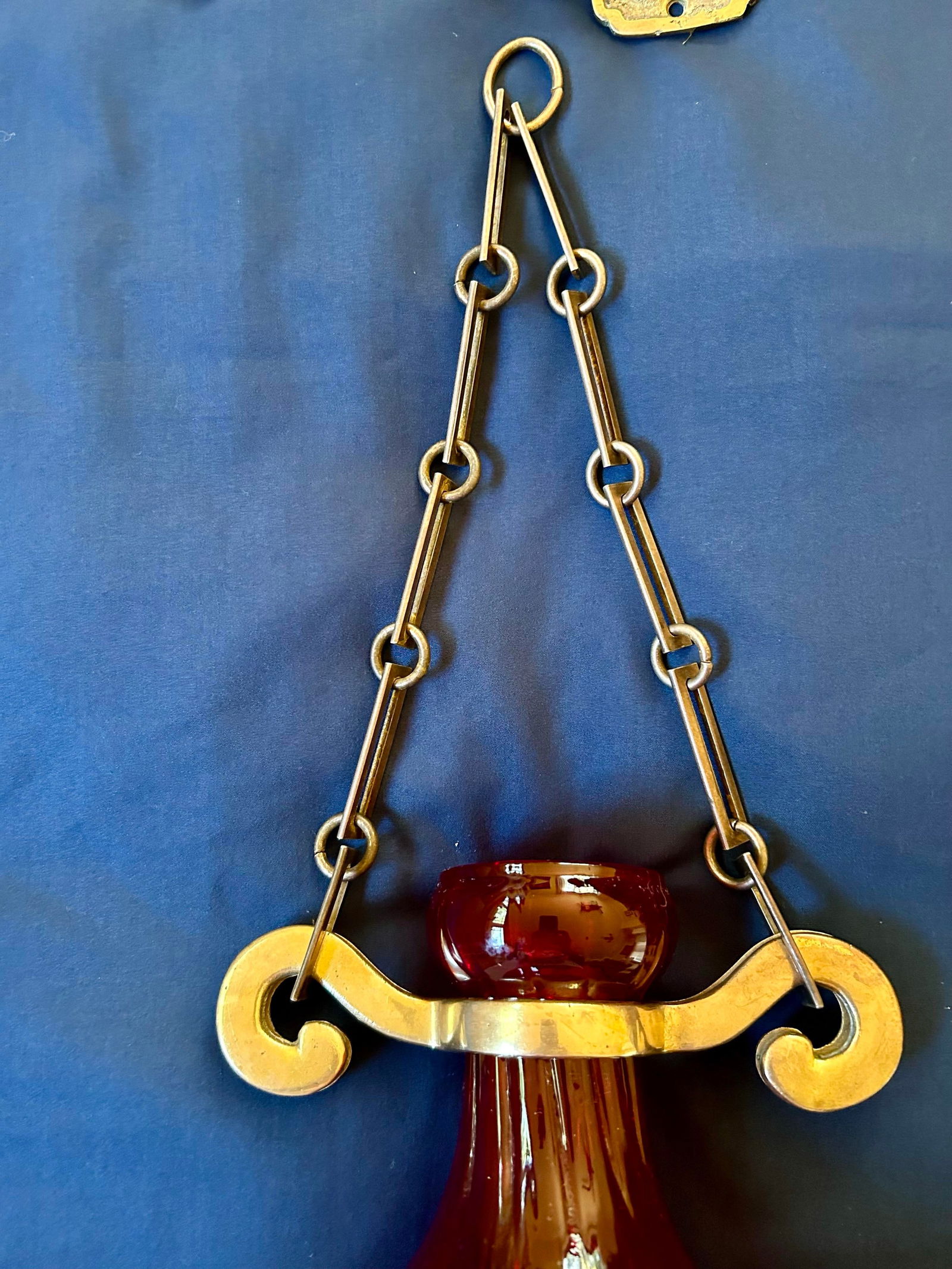 Pair of Antique Mouth-Blown Cranberry Colored Forced Hyacinth Bulb Vases, Brass Hangers for the Vase - 3