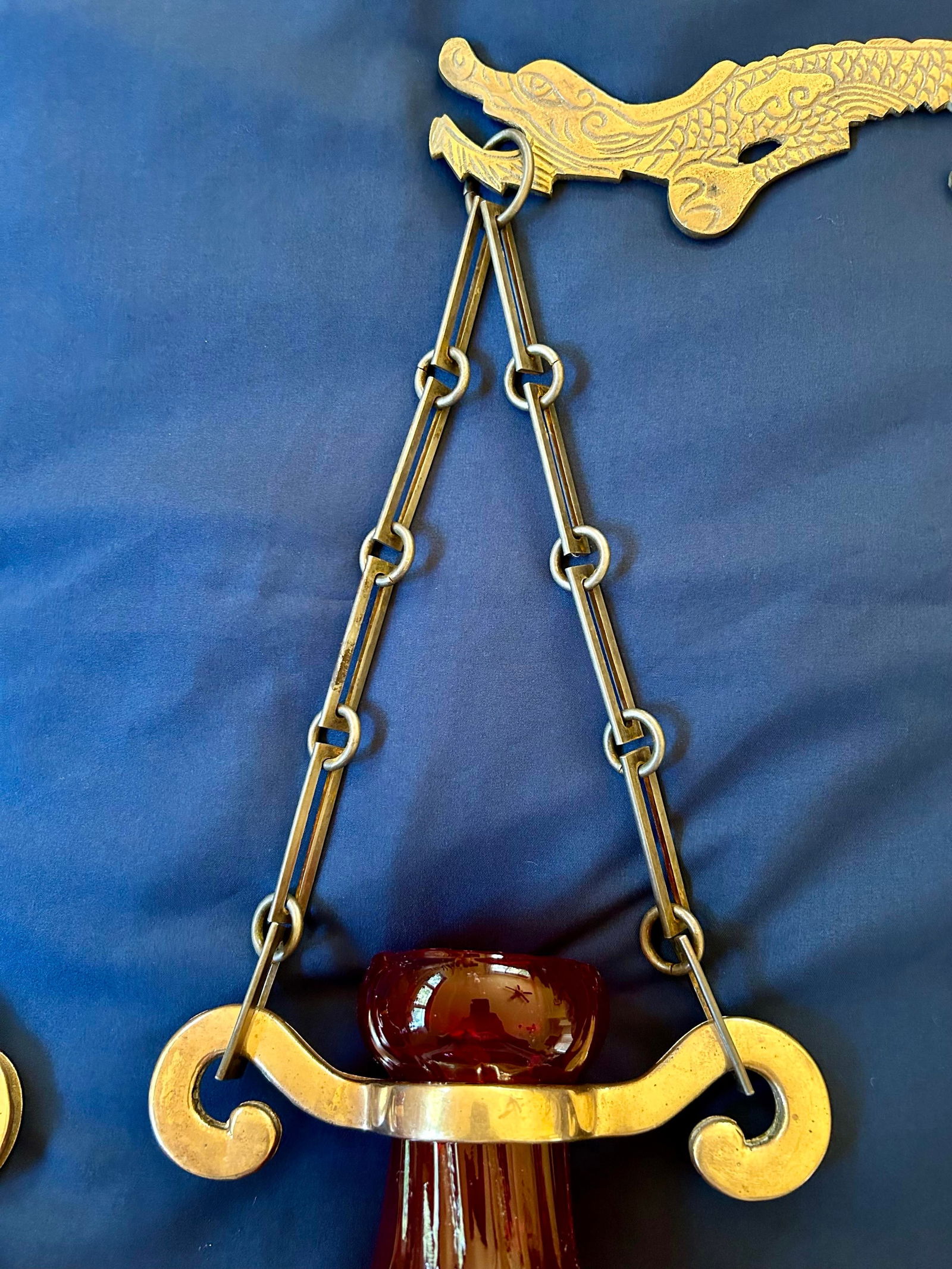 Pair of Antique Mouth-Blown Cranberry Colored Forced Hyacinth Bulb Vases, Brass Hangers for the Vase - 5