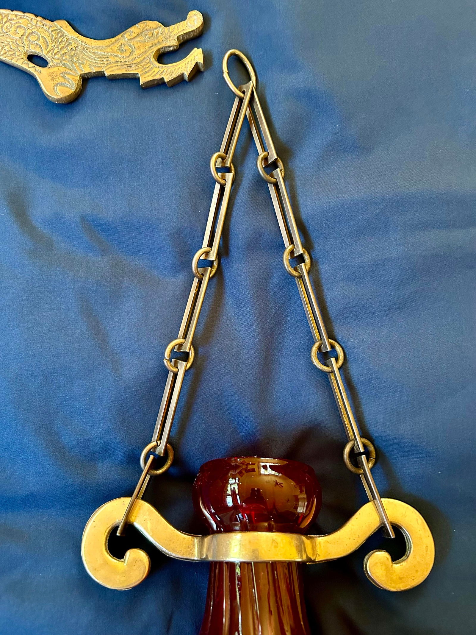 Pair of Antique Mouth-Blown Cranberry Colored Forced Hyacinth Bulb Vases, Brass Hangers for the Vase - 8