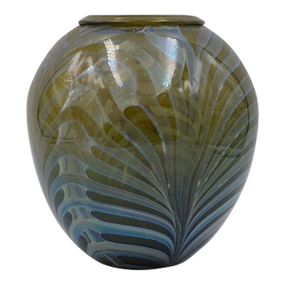 Vintage 1978 Stephen Edwards Blown Glass Feather Vase: Vintage 1978 Stephen Dale Edwards handblown glass vase. Signed Edwards and dated on bottom, smokey topaz and blue feather foliage pattern. Opening size 2.5", very good condition. Condition: