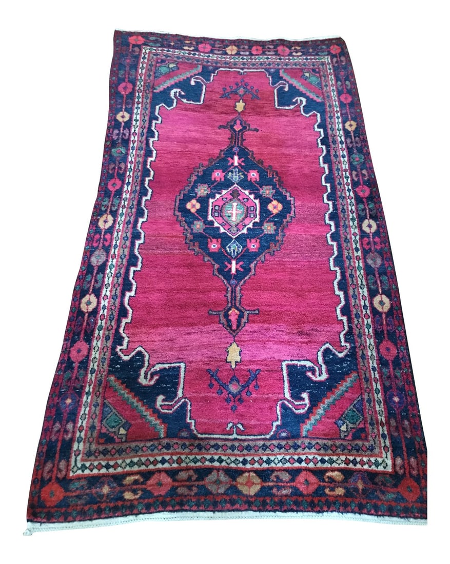 Vintage Handwoven Wool Rug-5x9': Brilliant, deep rich ruby red rug. Comes with custom cut thick pad. Condition: Alterations: Original Condition Unaltered Imperfections: Some Imperfections Condition Notes: Has been professionally