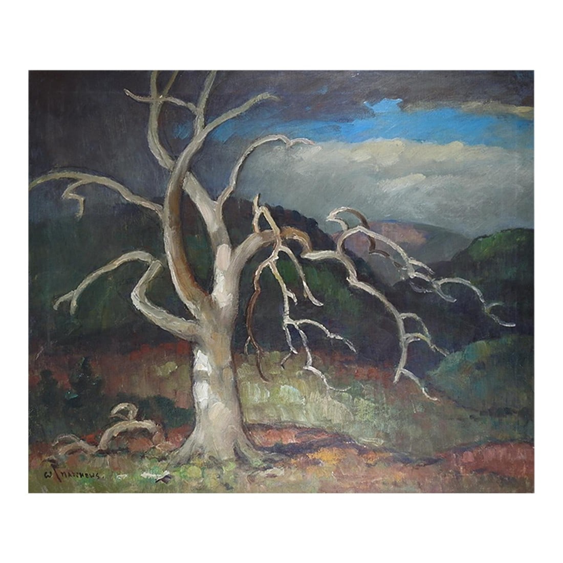 Early 20th Century Impressionist Lone Tree Stormy Landscape Painting: Early 20th century oil on canvas lone tree and stormy landscape painting by William F. Matthews (1878 - 1966) Missouri, Connecticut. Signed lower left corner. Unframed, edge wear, overall