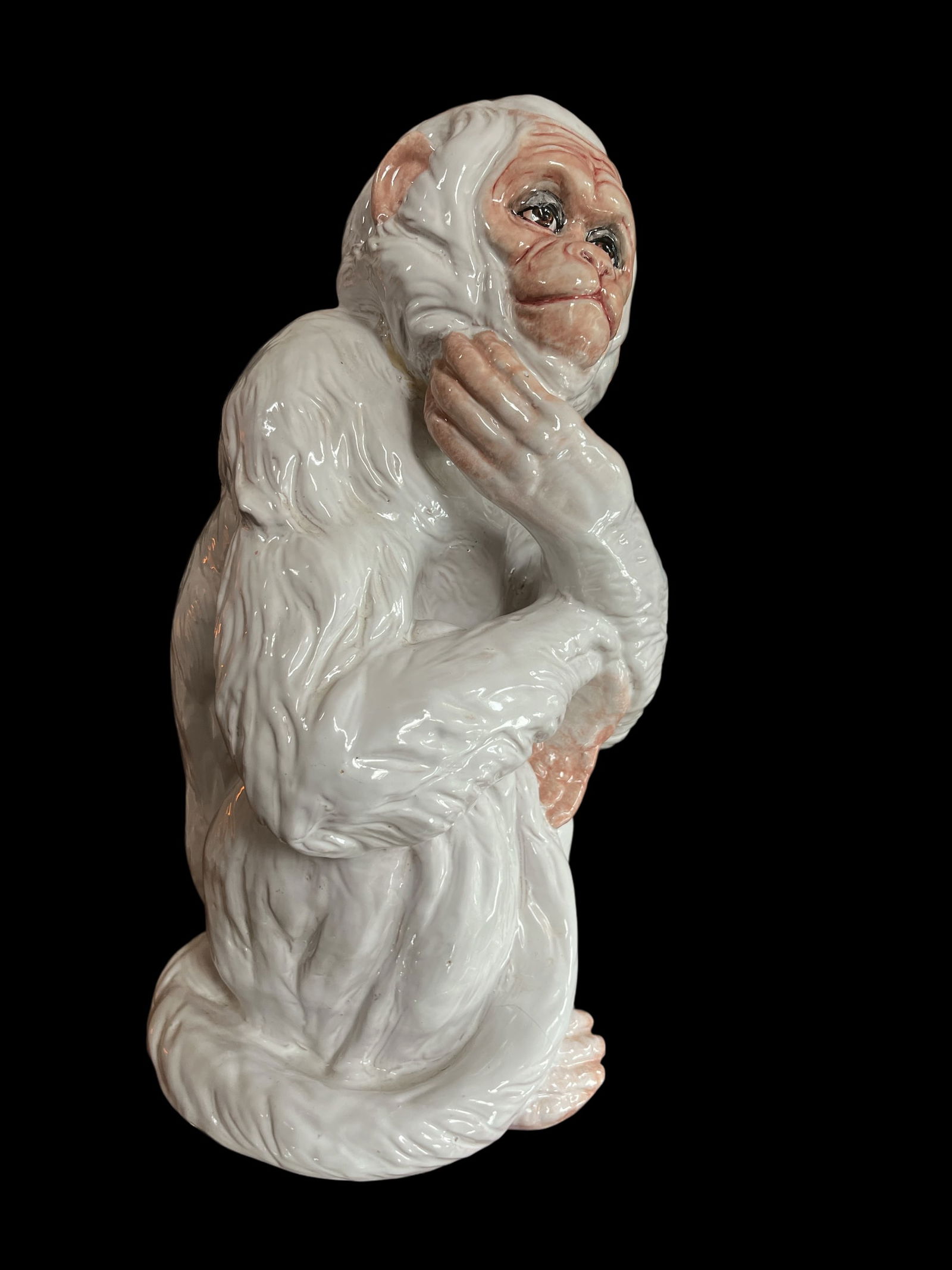 Large 1960s Italian Faenza Barbotine Ceramic Statue of a White Majolica Capuchin Monkey - 8