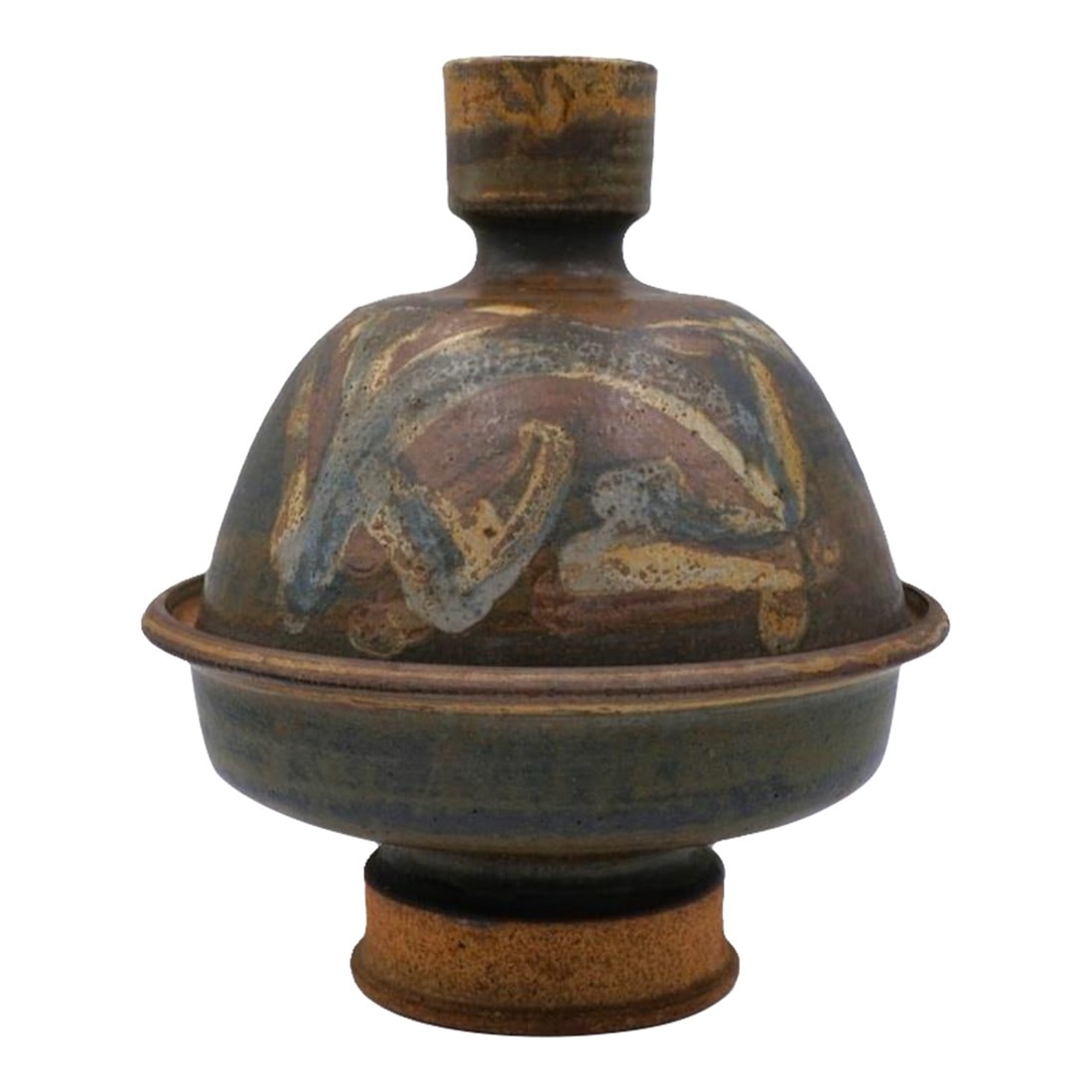 Mid 20th Century Joel Edwards Covered Pottery Bowl Tangine: Vintage mid 20th century lidded pottery footed serving bowl or tangine by Joel Edwards (1923 - 2007) California. Signed on bottom, original studio price tag inside lid, brown and gray abstract decorat