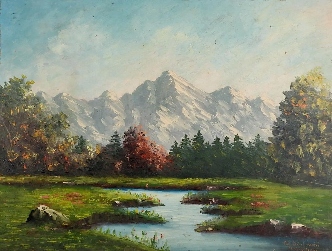 Mountains & Lake Impressionist Landscape Painting (1 of 4)