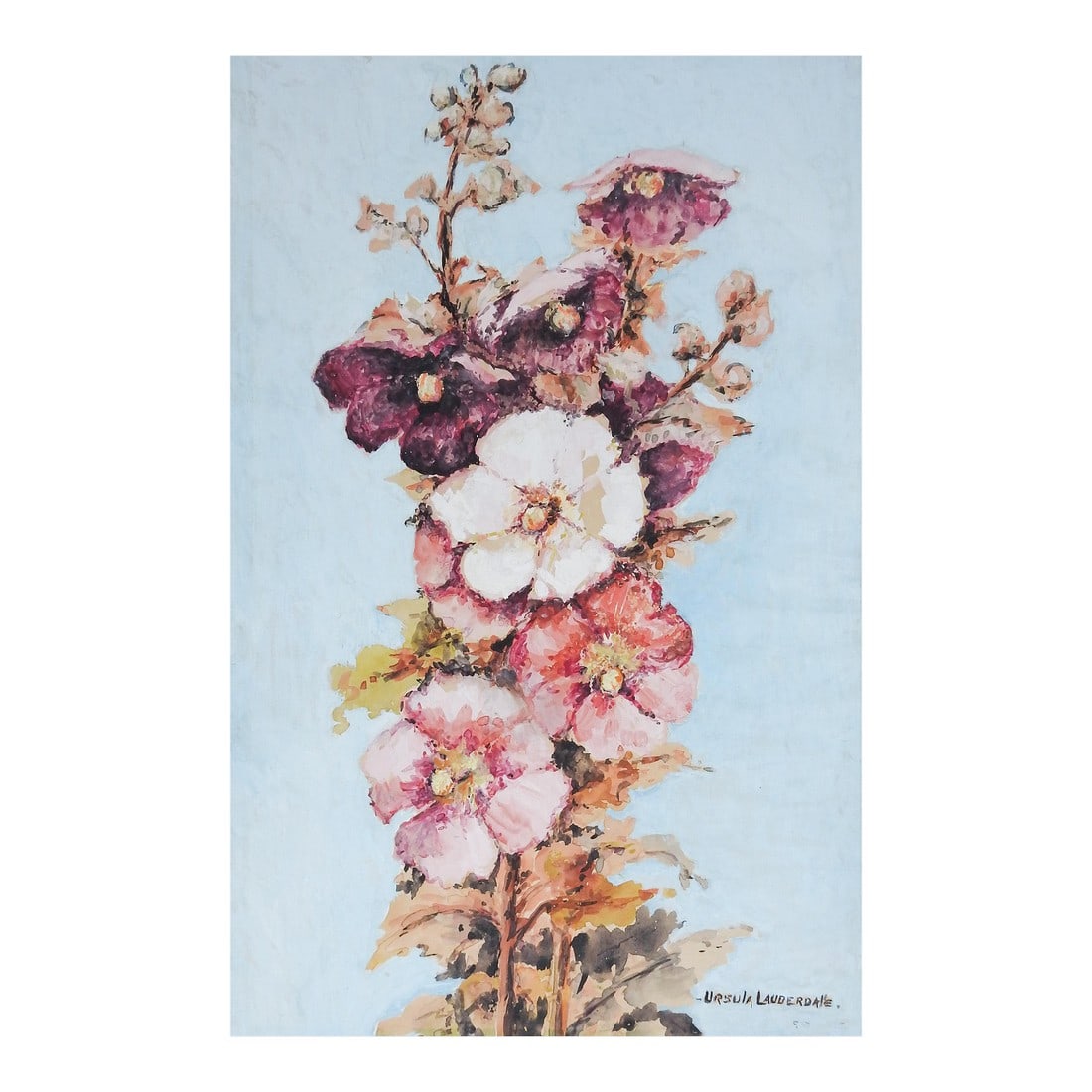 Early 20th Century Floral Ursula Lauderdale Painting: Vintage early 20th century chalk and gouache on artist board painting by Ursula Lauderdale (1887-1962) Texas. Pink and purple floral on sky blue background. Signed lower right corner. Unframed,